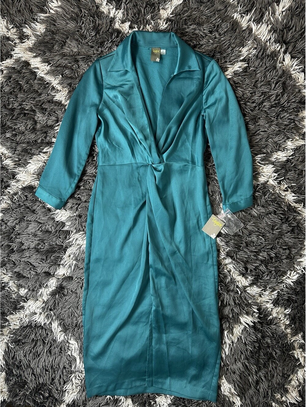 NWT Taylor Womens Size 4 Teal Blue Green Satin Wrap Front Midi Dress